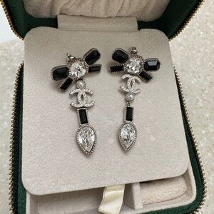 Chanel Black and Silver Bow Drop Earrings